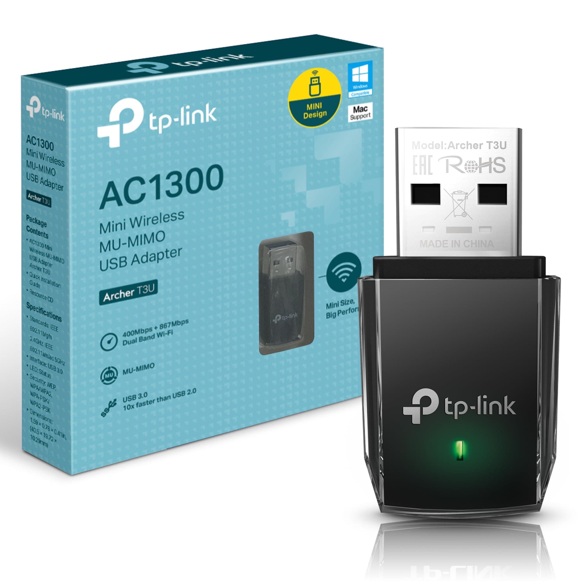 TP-Link 1300 Mbps High Gain Wireless Dual Band USB Adapter, 3dBi Dual Omni Directional Antenna, Supports Windows 8.1/8/7/XP, Mac OS, Linux (Archer T3U)
