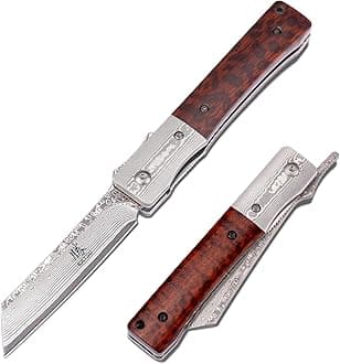 Handmade Damascus Pocket Knife Wood Handle, Japanese Razor Folding Knives for Men Linner Lock,Snake Wood Damascus Blade Flipper Knife with Leather Sheath Camping Hiking