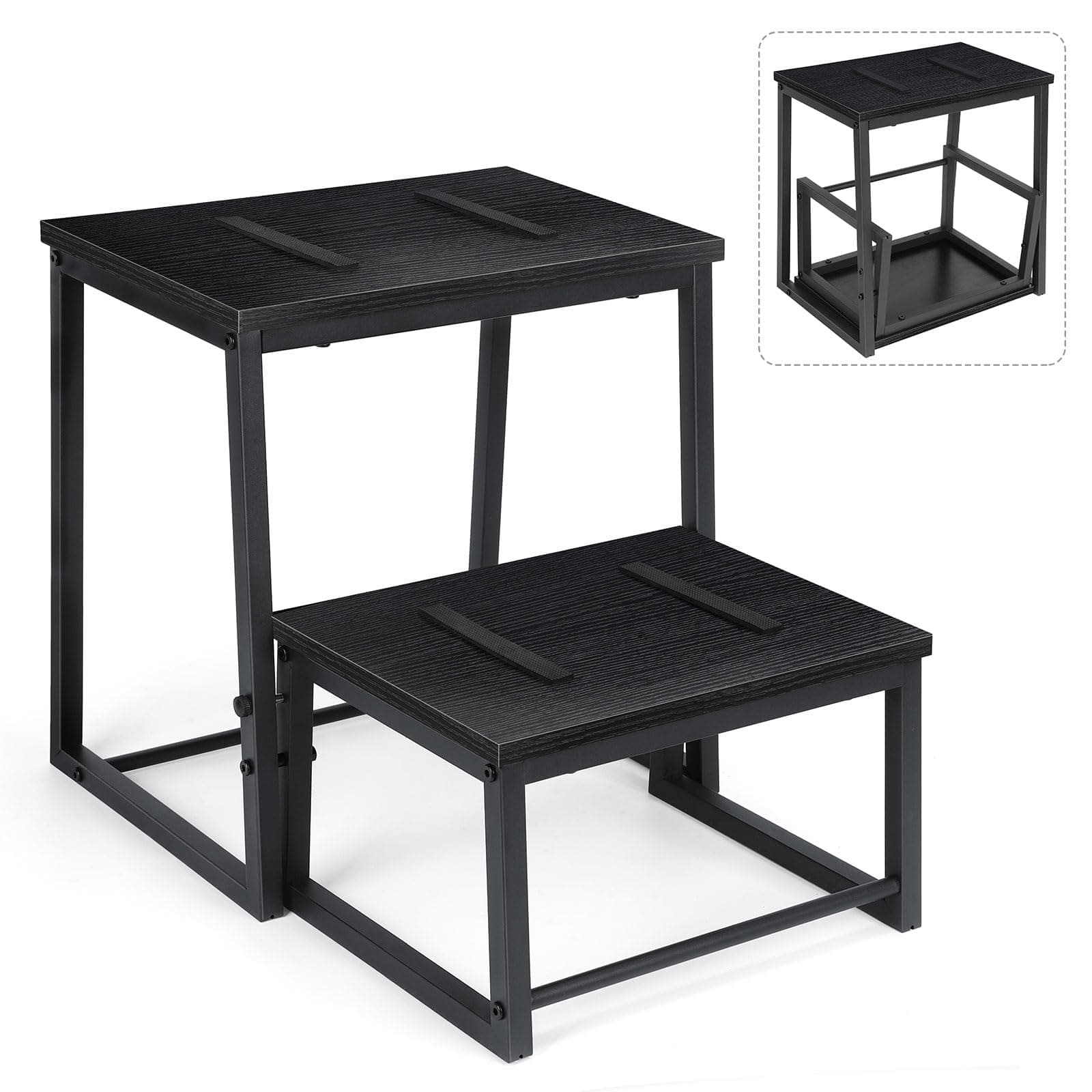 LIANTRAL Step Stool for Adults and Children, 2 Step Stool, Steel and Sturdy Wooden Stool, Load Capacity up to 200 kg, Step Stool for Bed, Kitchen, Bathroom (Black)