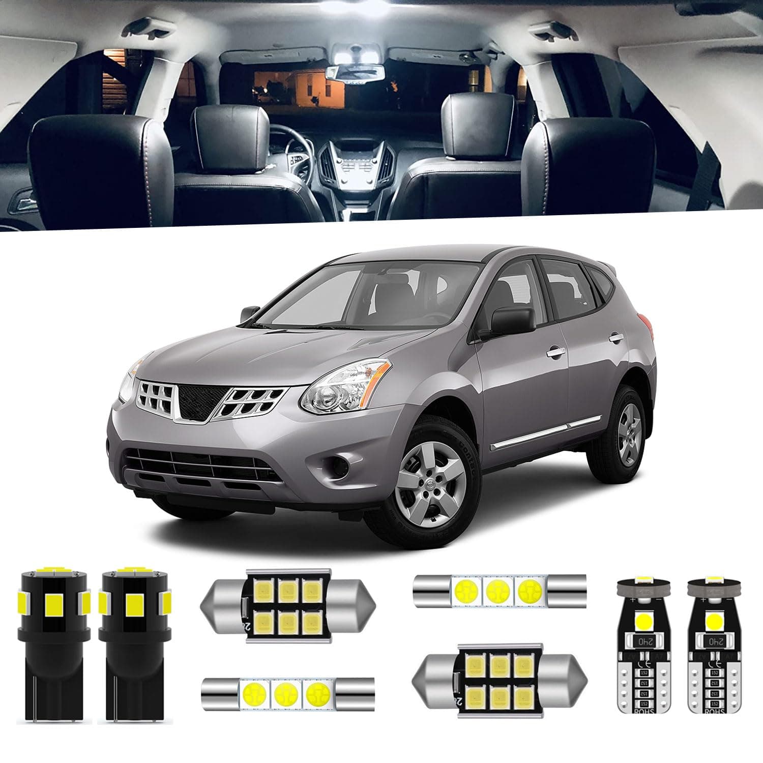 9-Pieces Rogue LED Interior Light Kit for Nissan Rogue 2008 2009 2010 2011 2012 2013 White 6000K Interior LED Lighting Package + License Plate Lights, Install Tool