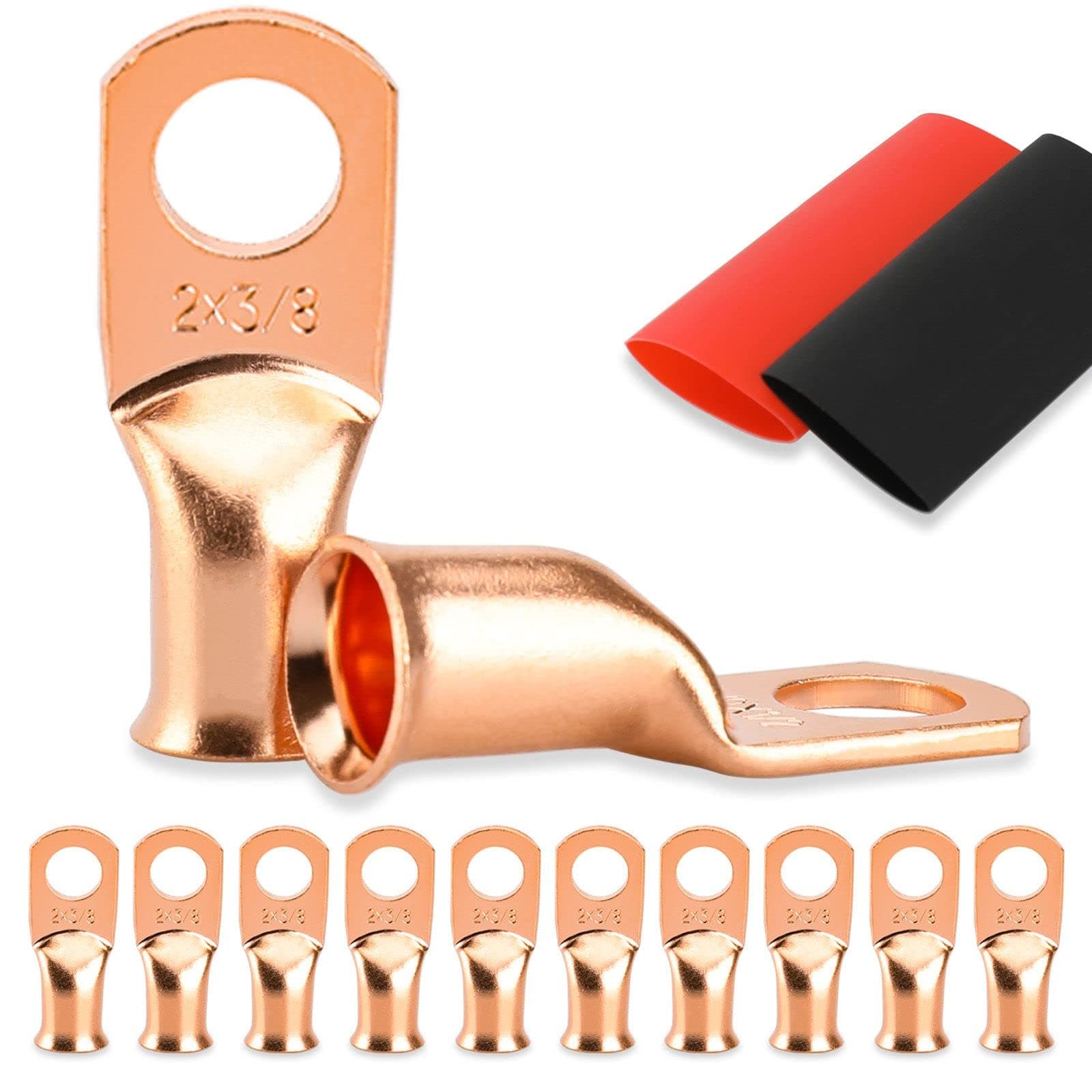 10PCS Battery Cable Ends, 2 Gauge Wire Connectors 3/8 Copper Wire Lugs, Bare Copper Eyelets with Heat Shrink Tubing by HOUSUN