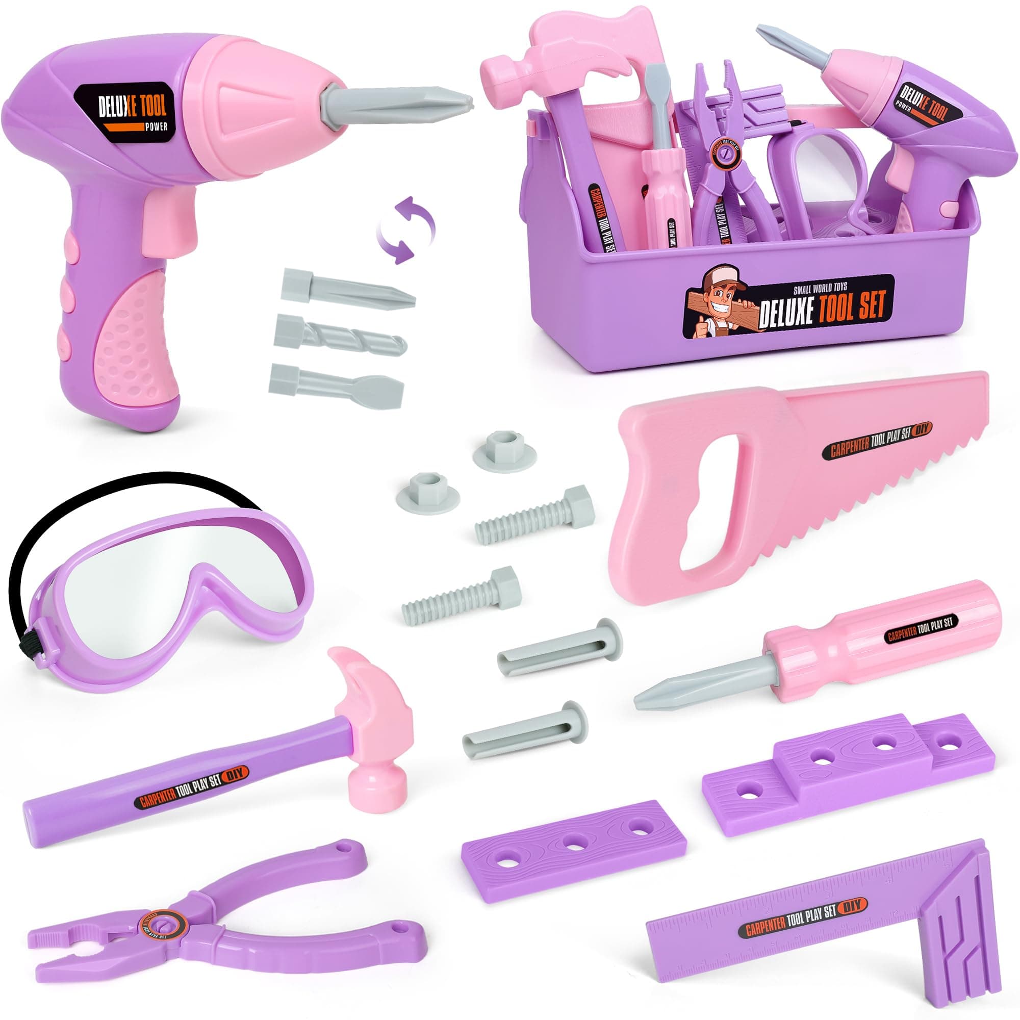 Kids Tool Set - Tool Box & Electronic Toy Drill, Pretend Play Kids Construction Tool Kit,18 Pcs Toddler Tool Set Birthday, for Boys, and Girls Ages 3 4 5 6 7 Year Old(Purple)