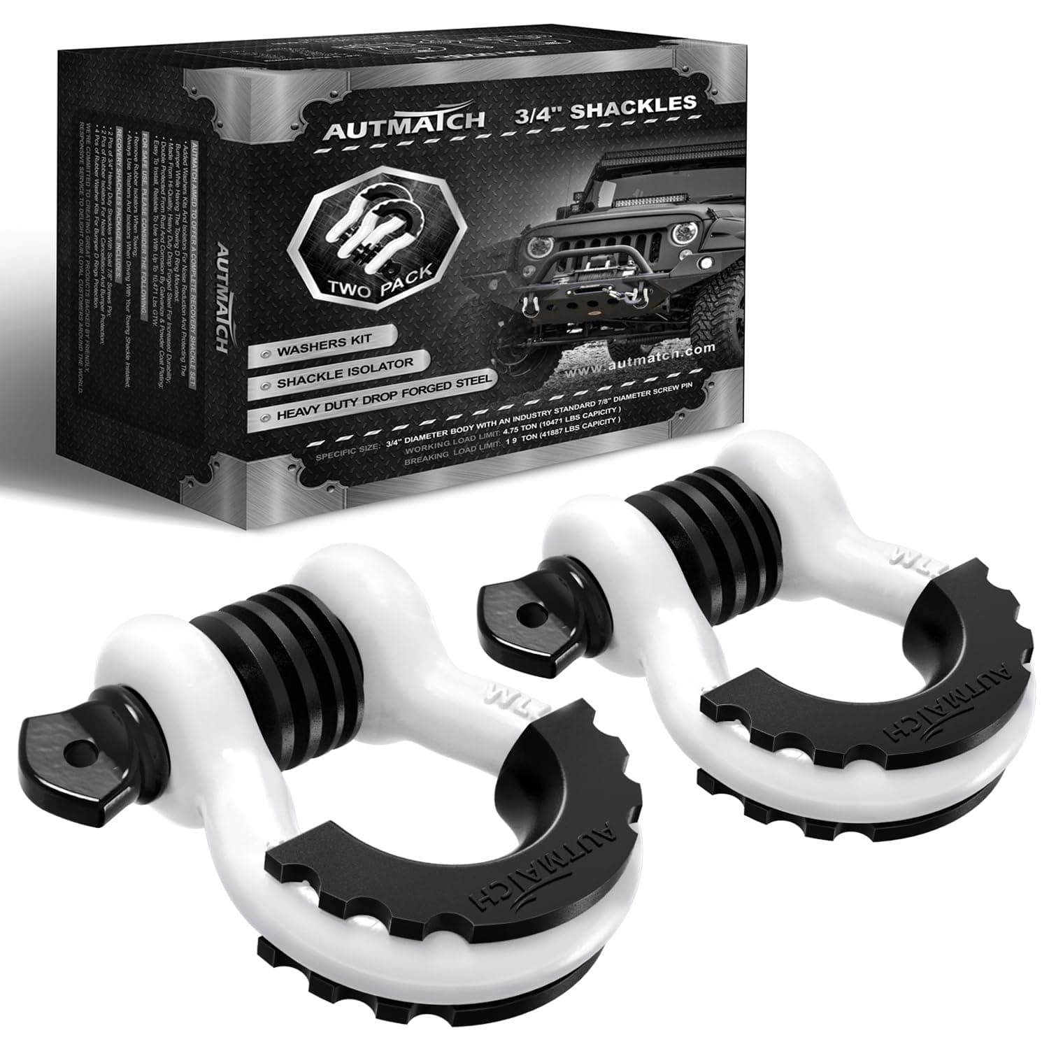 D Ring Shackle 3/4" Shackles (2 Pack) 41,887Ibs Break Strength, Clevis Shackle with 7/8" Screw Pin and Shackle Isolator Washers Kit for Tow Strap Winch Off Road Vehicle Recovery, White