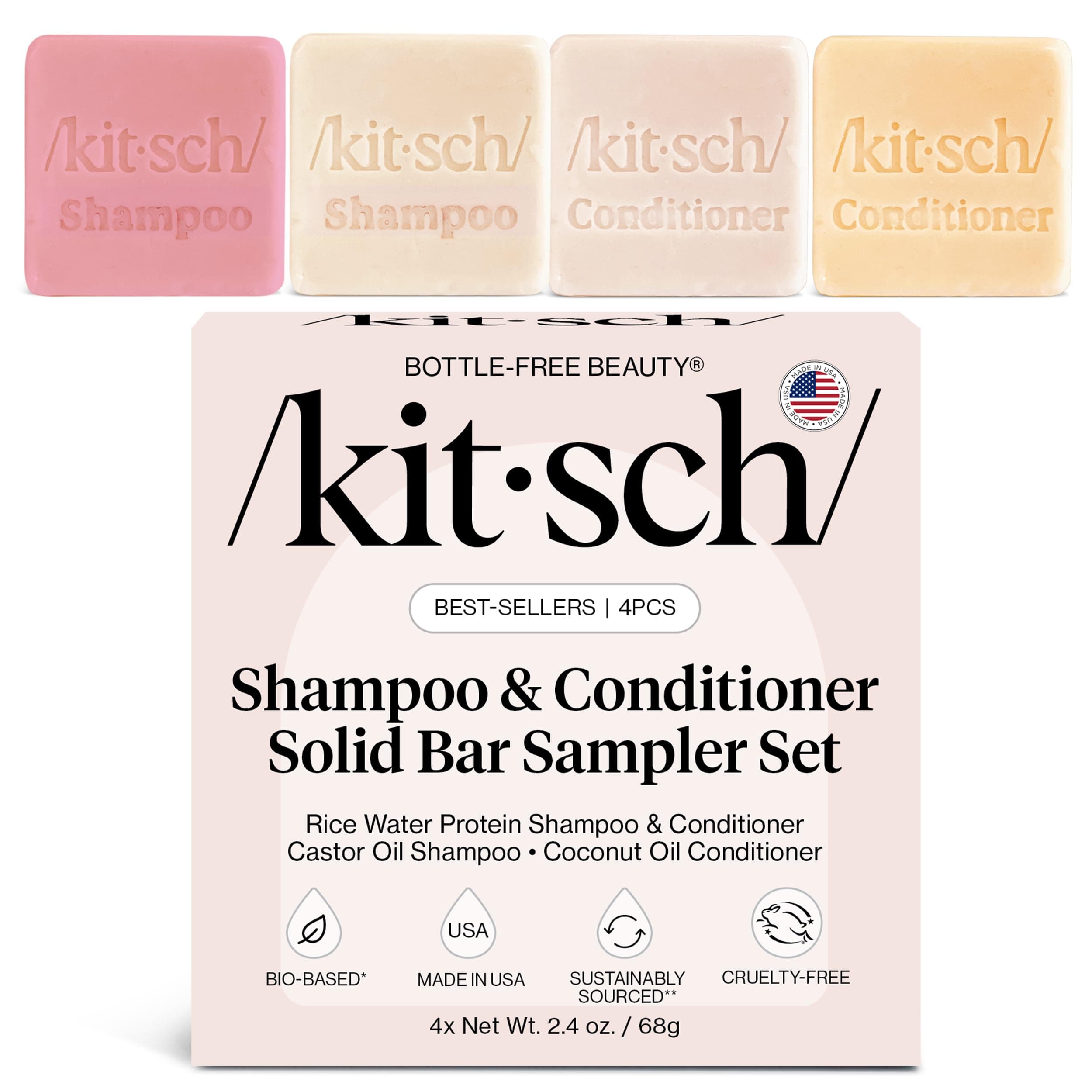 Shampoo and Conditioner Set - 4pc Sampler Bars with Rice Water Shampoo and Conditioner, Castor Oil Shampoo & Coconut Oil Conditioner - Bottle-Free Beauty for Hair Growth, Repair & Moisture