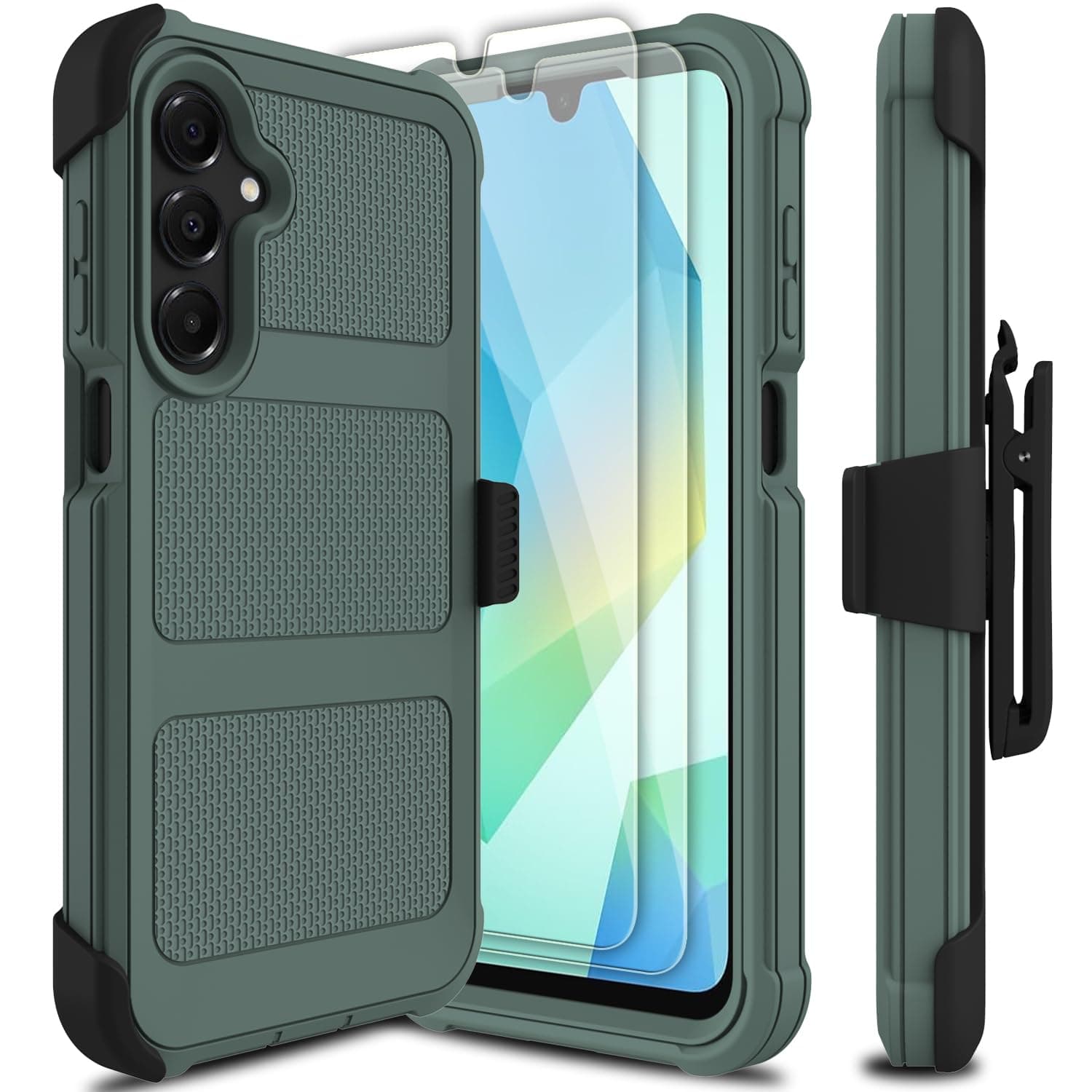 for Samsung Galaxy A16 5G Case with 2 Pack Tempered Glass Screen Protector, [Holster Series] Belt Clip Hard Tough Heavy Duty Rugged Shockproof Protective Cell Phone Case (Dark Green)