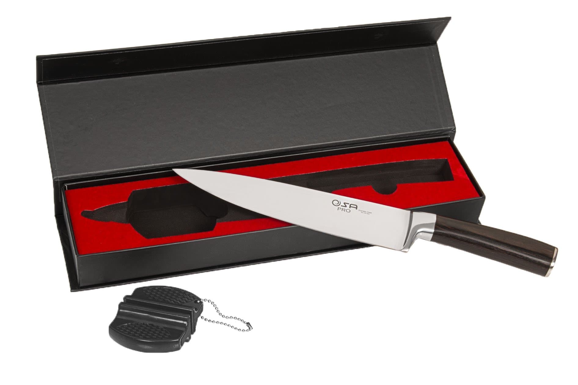 Osa Pro, Professional Chef Knife With Sharpener, High carbon, Stainless Ssteel, 8 Inch Blade, For Cutting, Dicing, Chopping, Slicing, Handle Material - Pakka Wood, Exclusive Gift Box, Finger Protect