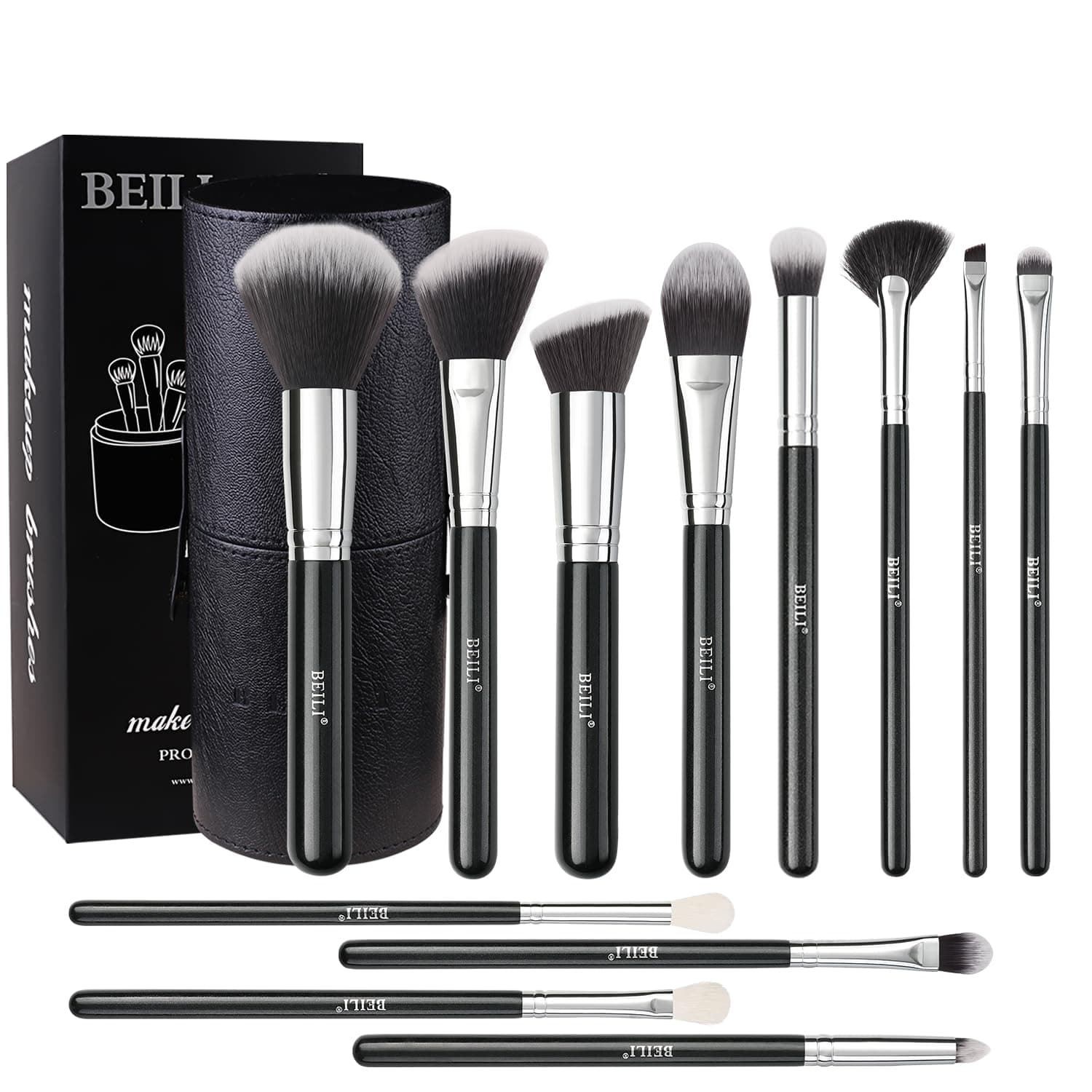 Makeup Brushes 12pcs Makeup Brushes Set with Holder Premium Synthetic Kabuki Foundation Brush Blending Blush Concealer Full Face Makeup Brushes Kit With Gift Box(Black)