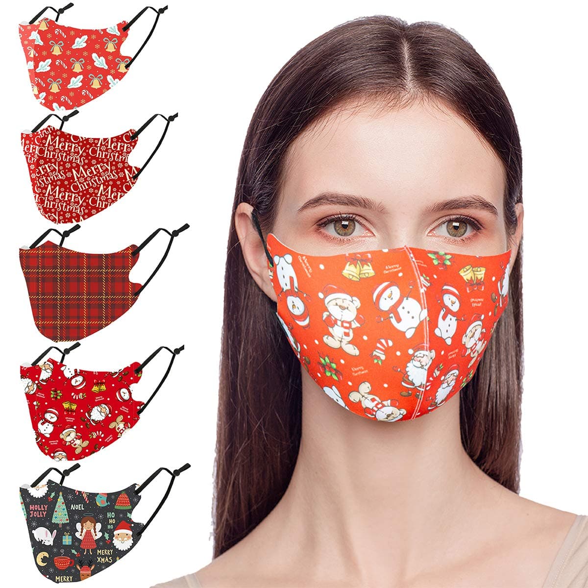 5PCS Adjustable Face Balaclavas, Reusable Cute Christmas Printed Pattern Cartoon Breathable Face Covering for Women,Men,Kids