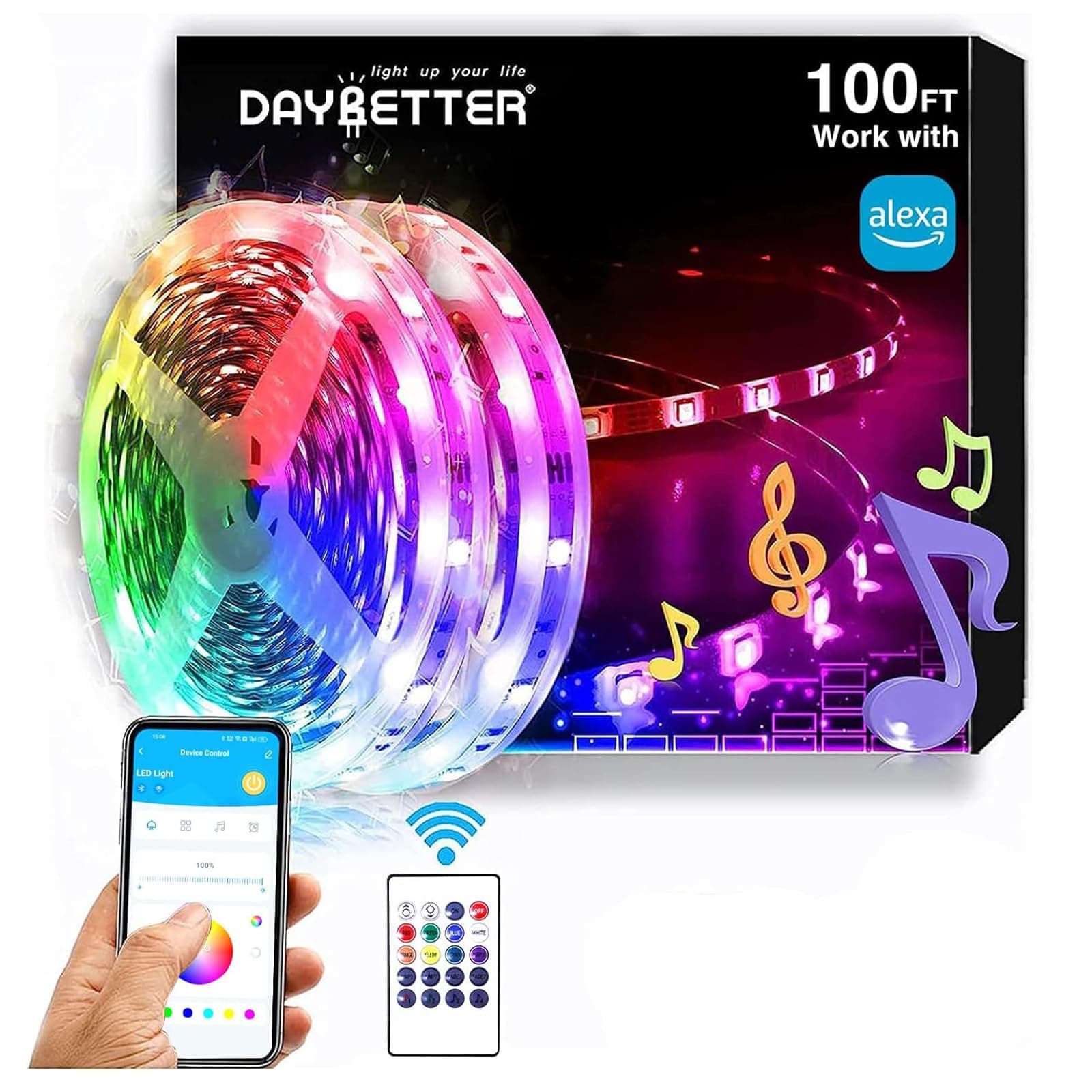 DAYBETTER RGB Led Light Strips Kit Compatible with Alexa and Google Assistant, Smart WiFi Led Strip Lights for Bedroom, Room, Decor, Kitchen, Home Party Decoration (100FT)