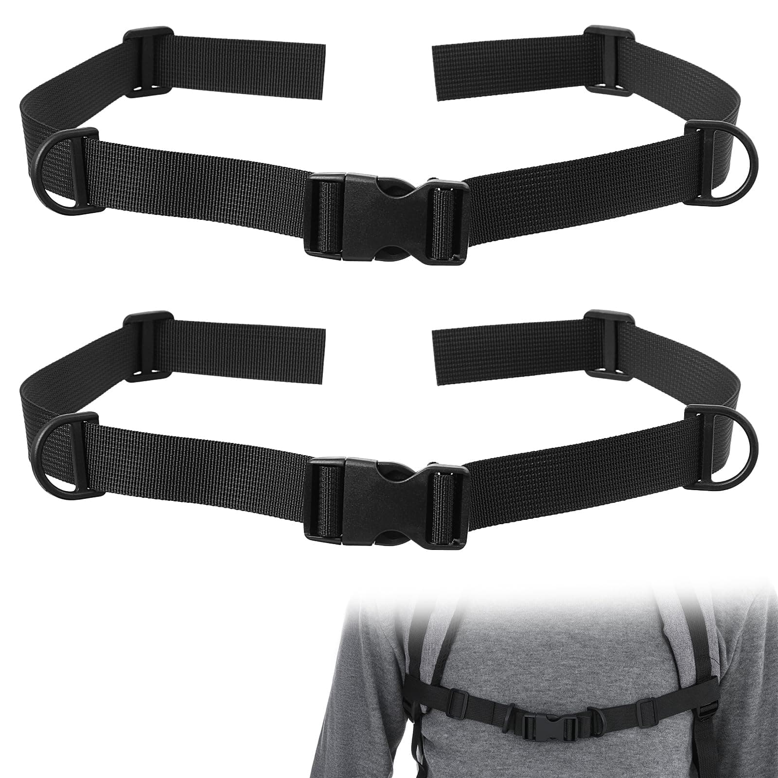 Thinp 2 Pcs Backpack Chest Strap, Adjustable Sternum Straps with Quick Release Buckle, Heavy Duty Nylon Chest Belt with Quick Release Buckle and Slide Lock for Hiking School Travel Black