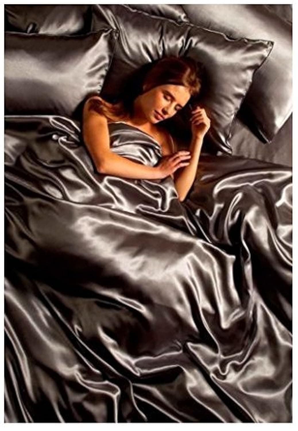 Lizzy Gorgeous 6Pcs Silk Satin Bedding Set with Fitted Sheet, Duvet Cover & 4 x Pillow Cases (King, Silver)