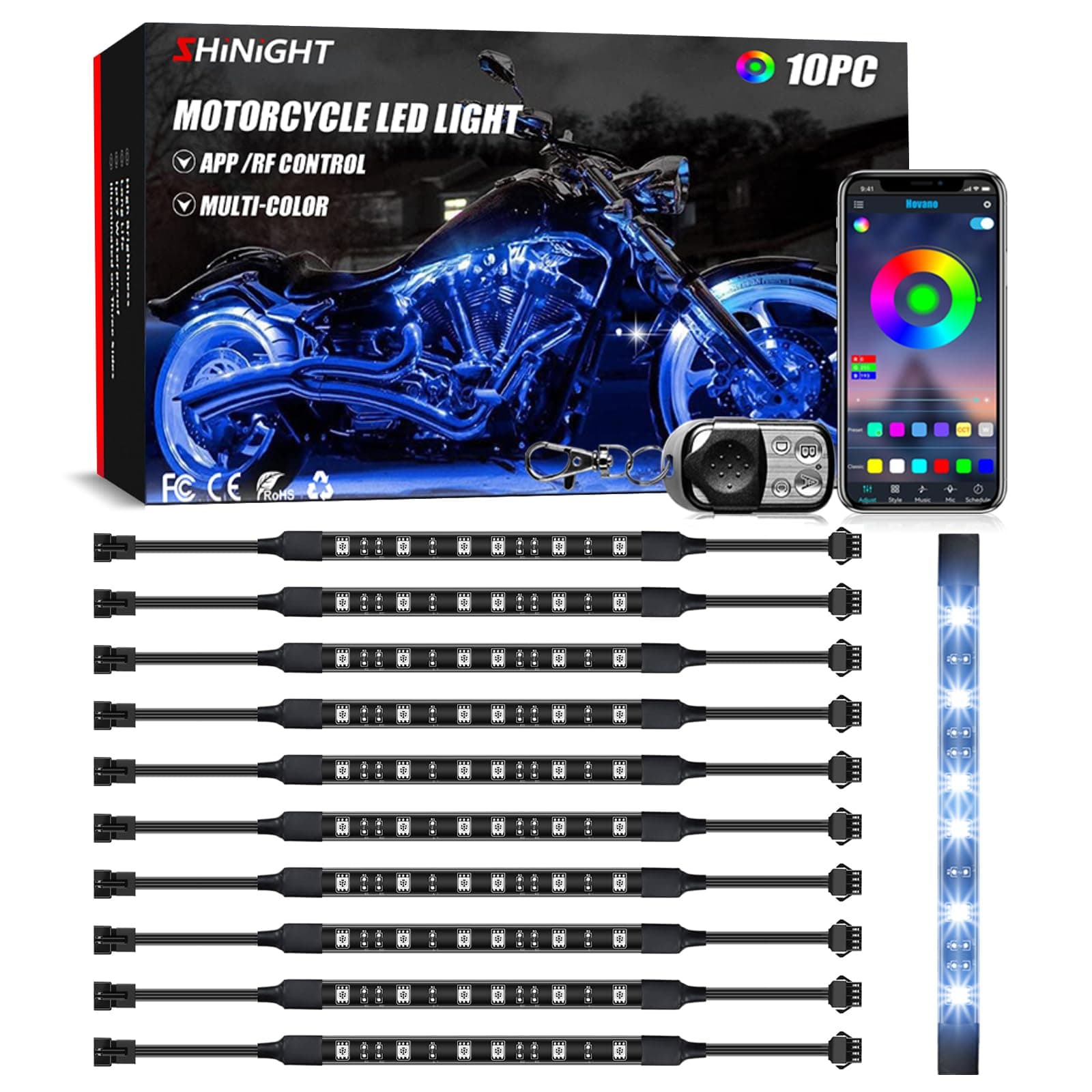 SHINIGHT 10 Pcs Motorcycle LED Light Kits, App Control Multicolor Waterproof Motorcycle LED Strip Lights with RF Remote, Music Sync & Multiple Scene Modes RGB LED Lights for Motorcycles, black