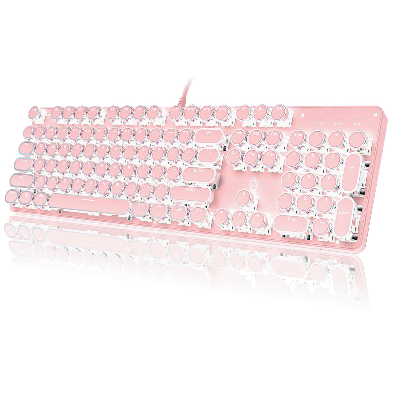 YSCP Typewriter Style Mechanical Gaming Keyboard White Backlit Wired with Blue Switch Retro Round Keycap 104 Keys Keyboard (Pink)