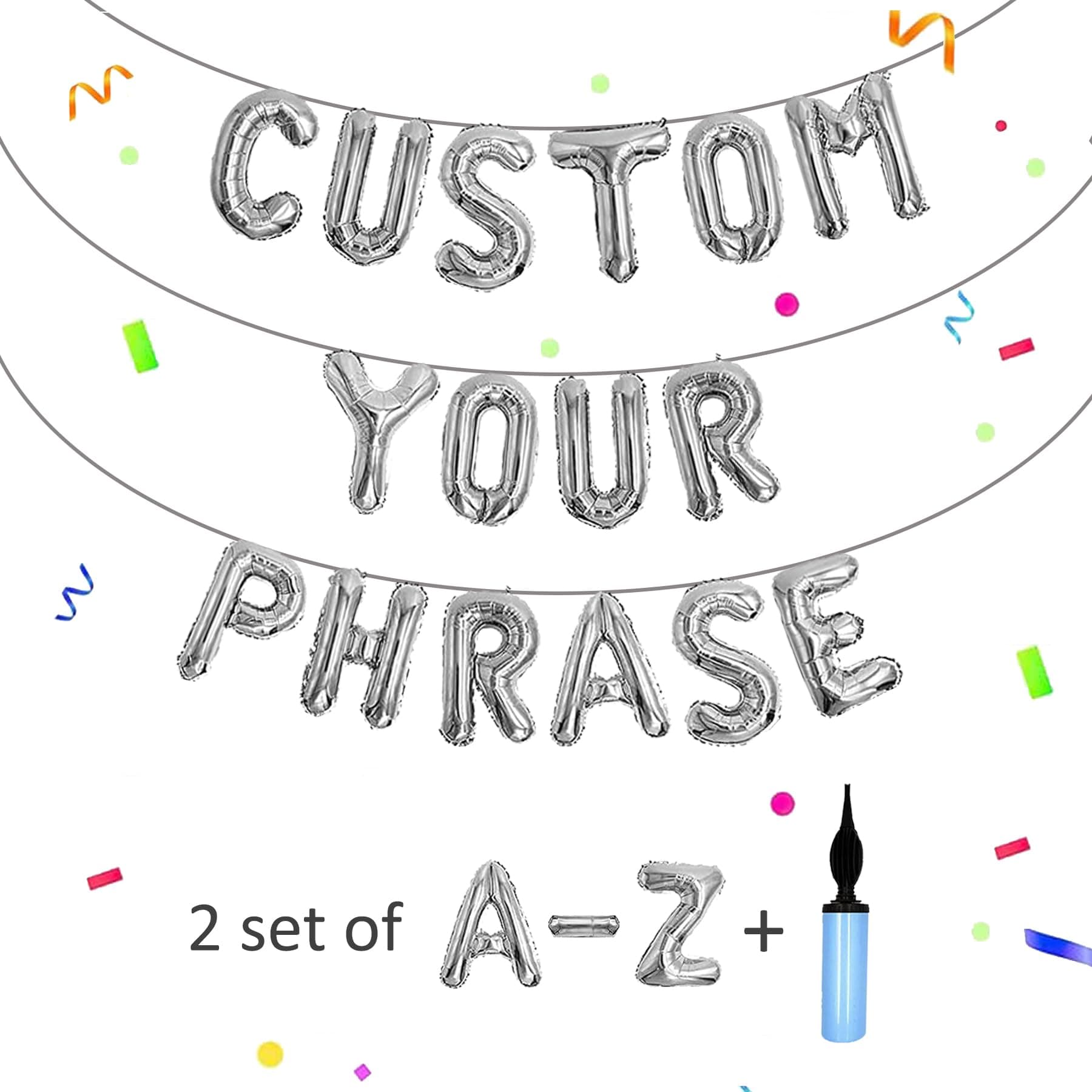 53pcs Silver Letter Balloons, Custom Phrase Balloon Banner includes 2 Sets A-Z and Pump, Personalized Mylar Foil Inflatable Birthday Decorations