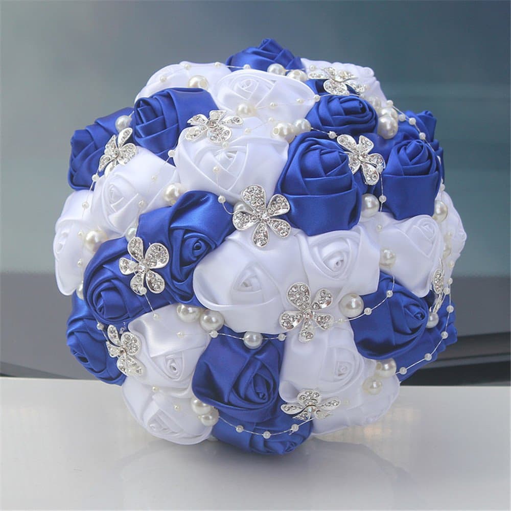 Advanced Customization Romantic Bride Wedding Holding Bouquet Roses with Diamond Pearl Ribbon Valentine's Day Bouquet Confession Many Colors for Choose 18cm (Royal Blue+White)