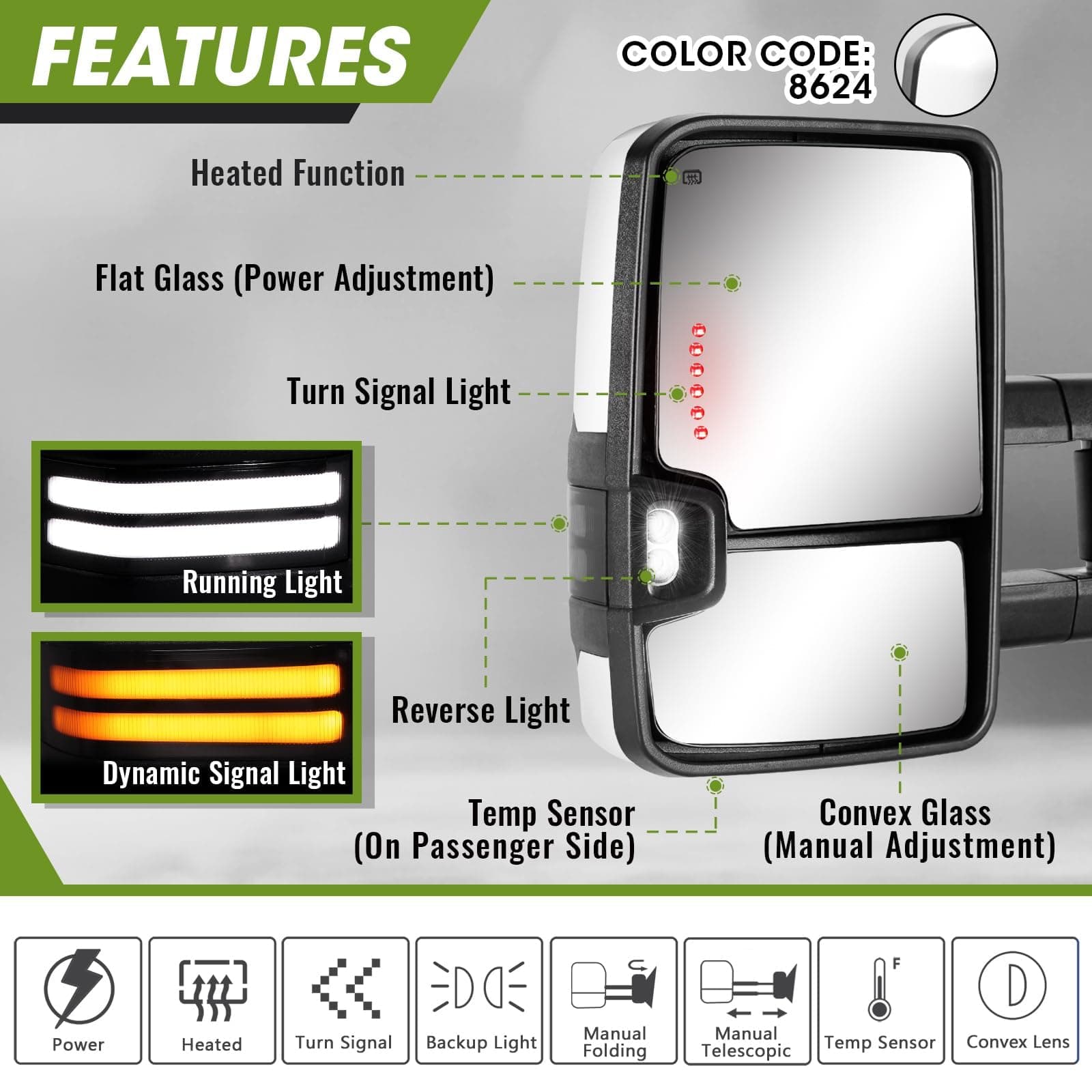 Switchback Towing Mirrors, for 2014-2018 Chevy Silverado Mirror, GMC Sierra Power Heated Turn Signal Backup Light Manual Telescoping Mirrors Pair Set Painted White