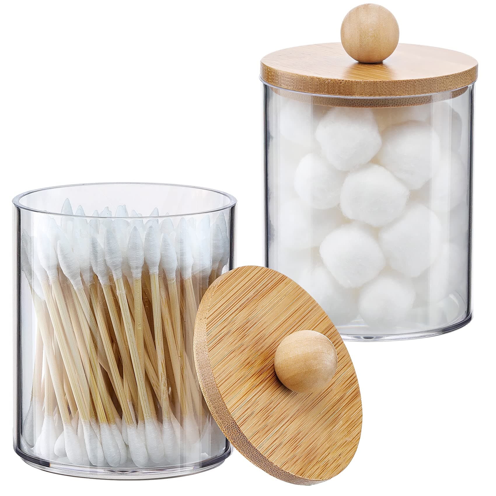 VITEVER 2 Pack Qtip Holder Dispenser with Bamboo Lids - 10 oz Clear Plastic Apothecary Jar Containers for Vanity Makeup Organizer Storage - Bathroom Accessories Set for Cotton Swab, Ball, Pads, Floss