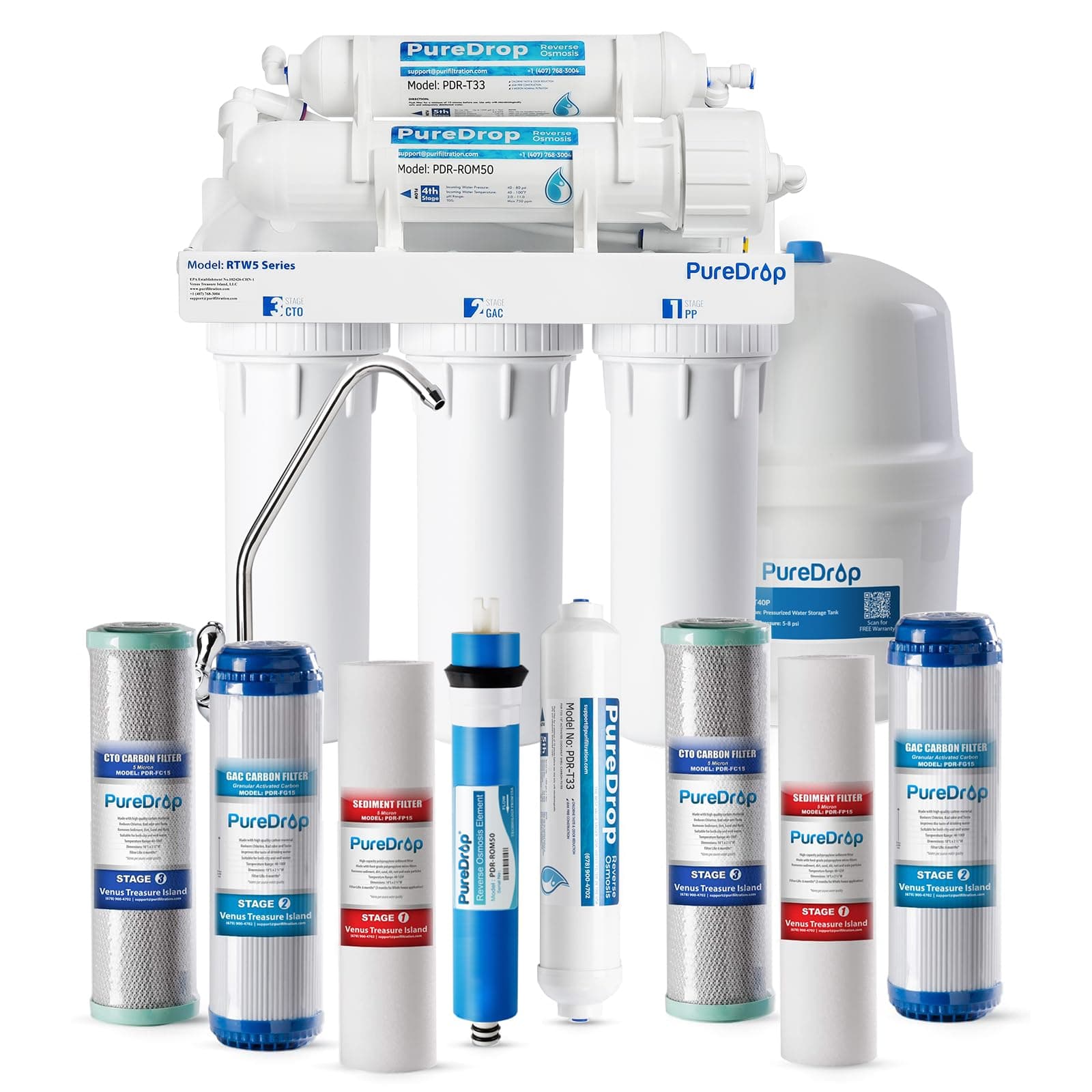PureDrop RTW5 SGS-Tested 5 Stage Reverse Osmosis Water Filter System with Innovative Top-Mounted Faucet Design, TDS Reduction 50 GPD Under Sink RO Water Filtration Plus Extra 3 Filters