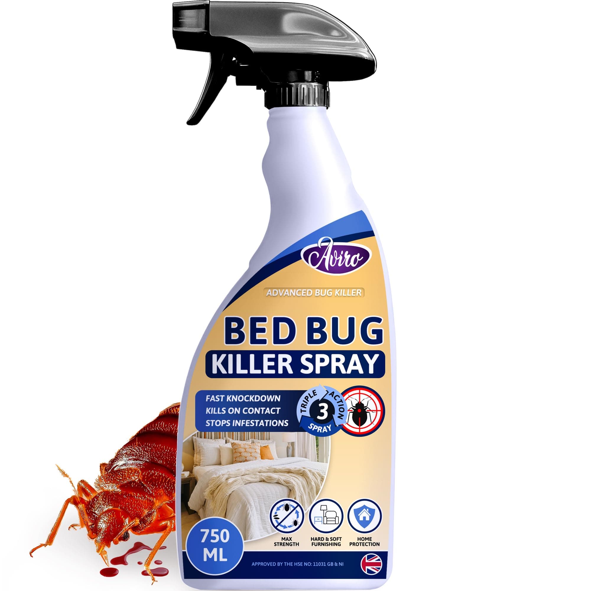 Aviro Bedbug Spray - Fast Acting Bed Bug Killer Spray for Immediate Control & Ongoing Prevention. Triple Action Professional Strength Bedbug Treatment for Home, Use On Hard & Soft Furnishings. 750ml
