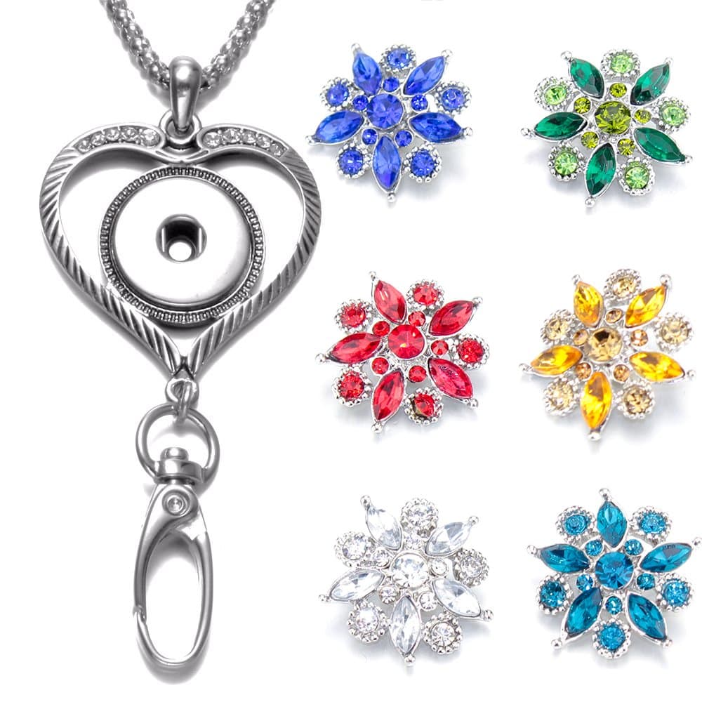 Soleebee 34.3 inches Interchangeable Silver Chain Love Heart ID Badge Lanyard Necklace Bonus 6pcs Alloy Rhinestones Snap Buttons (Five Leaves Rhinestones Flower)
