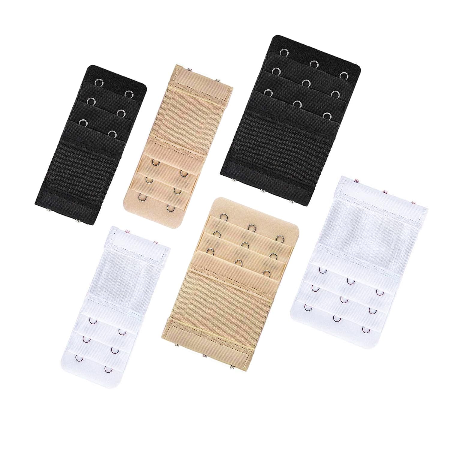 6-Pack Bra Extenders – 3 Hook & 2 Hook, Adjustable & Comfortable, for Loose Bras – White, Beige & Black