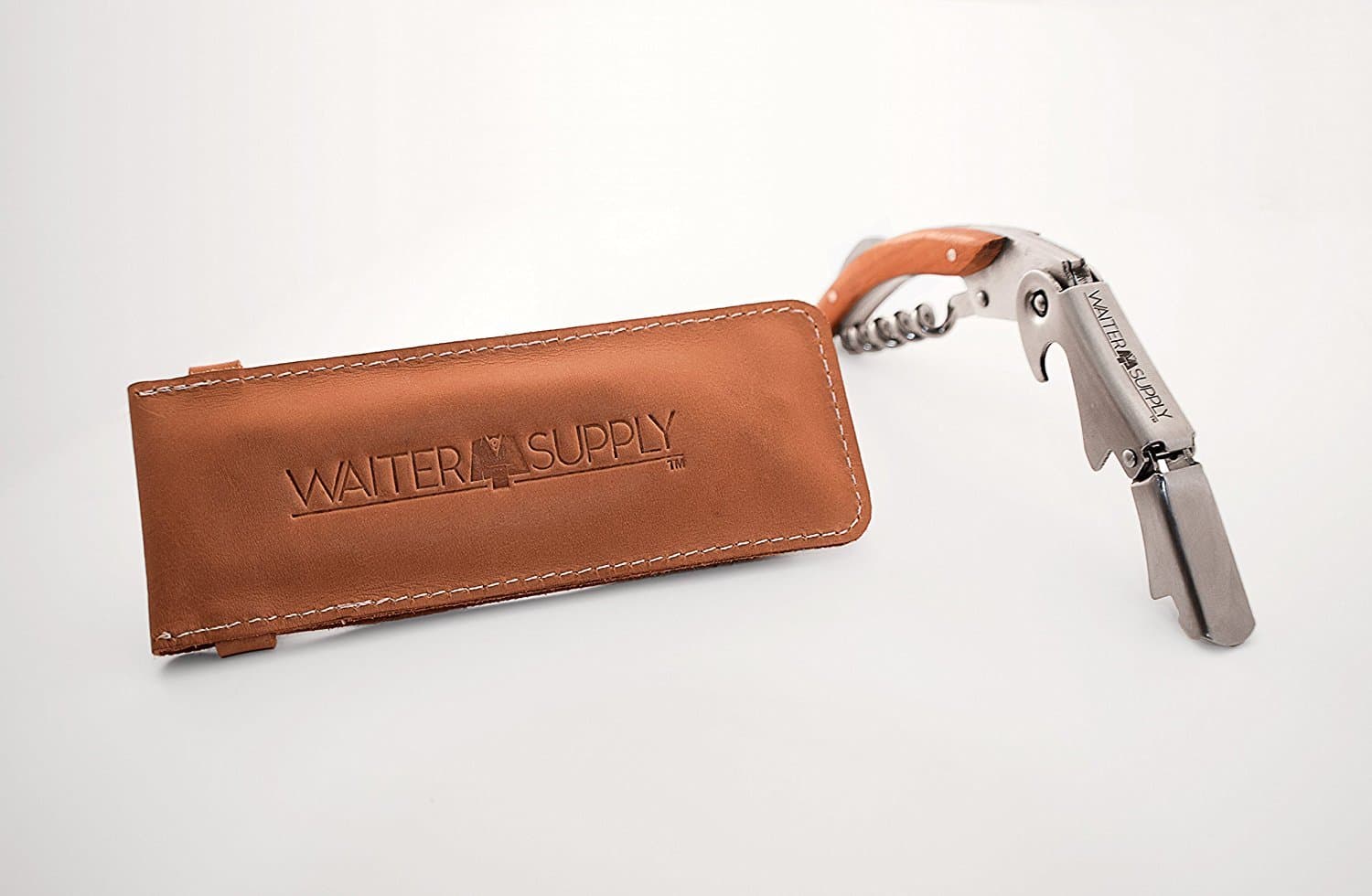 Waiter Supply Waiters Corkscrew, Double Hinged with Leather Case, Bottle opener and Foil Cutting Blade