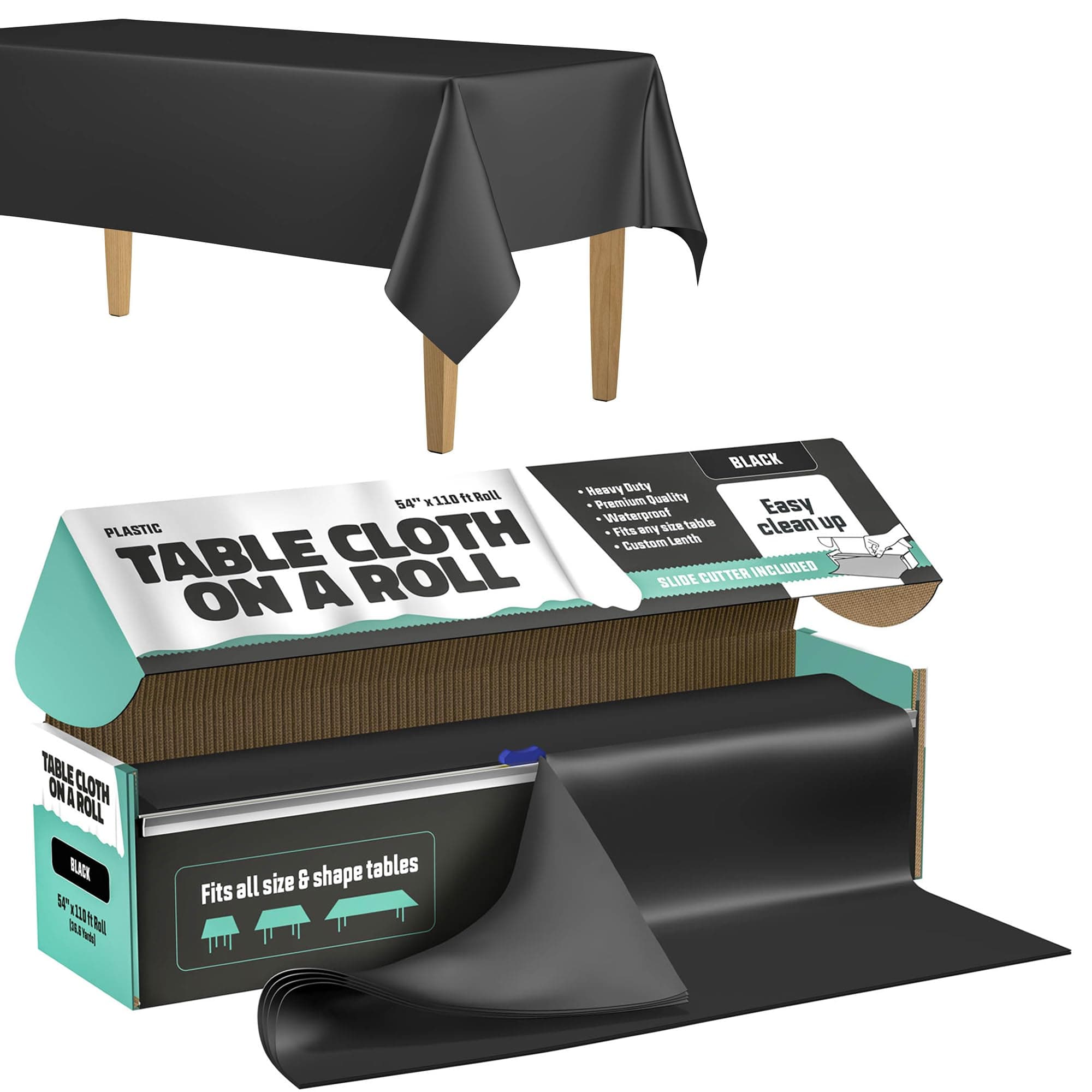HSGUS Tablecloth Roll – 54" X 110' Black Premium Plastic Table Cloths with Cutter Box - Cut to Size - Decorative Rectangle Table Cover Smooth Tablecloth - Disposable Tablecloths for Parties, Weddings.