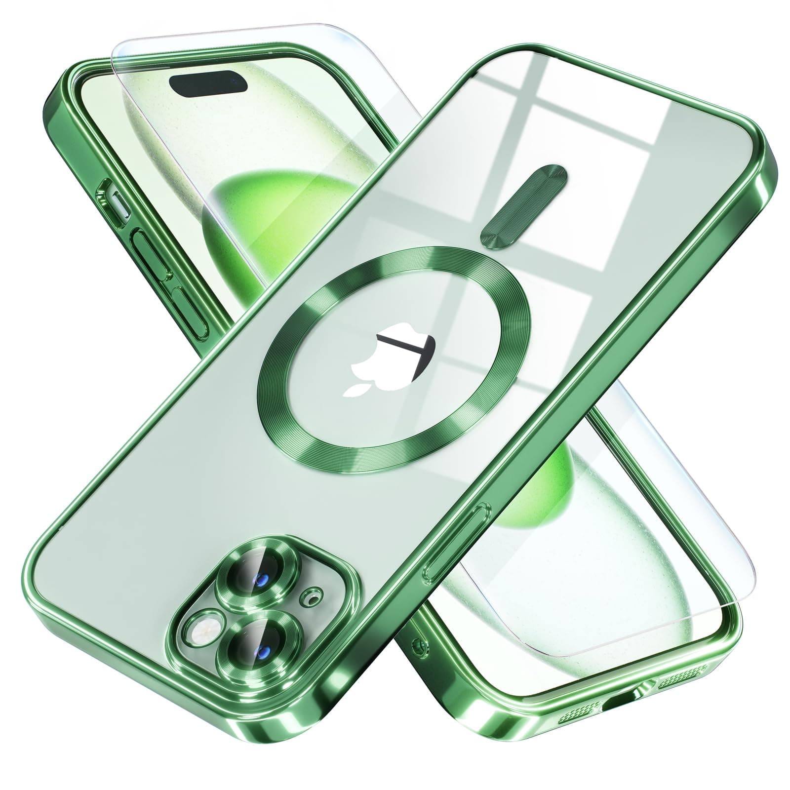 Misea Magnetic for iPhone 15 Case Compatible with MagSafe [Never Yellowing] [Military Grade Drop Protection] Full Camera Lens Protector Plating Soft Clear Phone Case for Women, Green