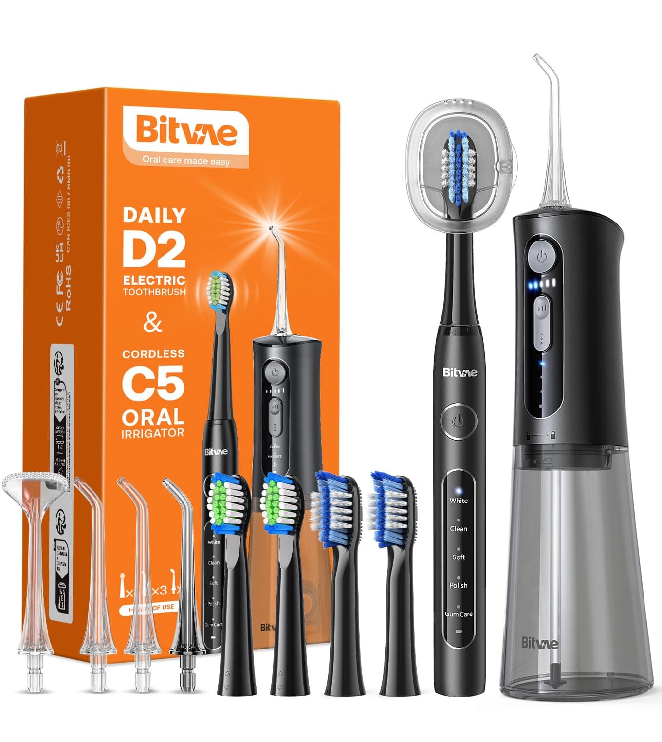 Bitvae Electric Toothbrush with Water Flosser , 4H Charge Maximum 30 Days Use , 5 Modes Sonic Electric Toothbrush , 3 Modes Cordless Dental Flosser Picks , 4 Brush Heads and 4 Water Jet Tips