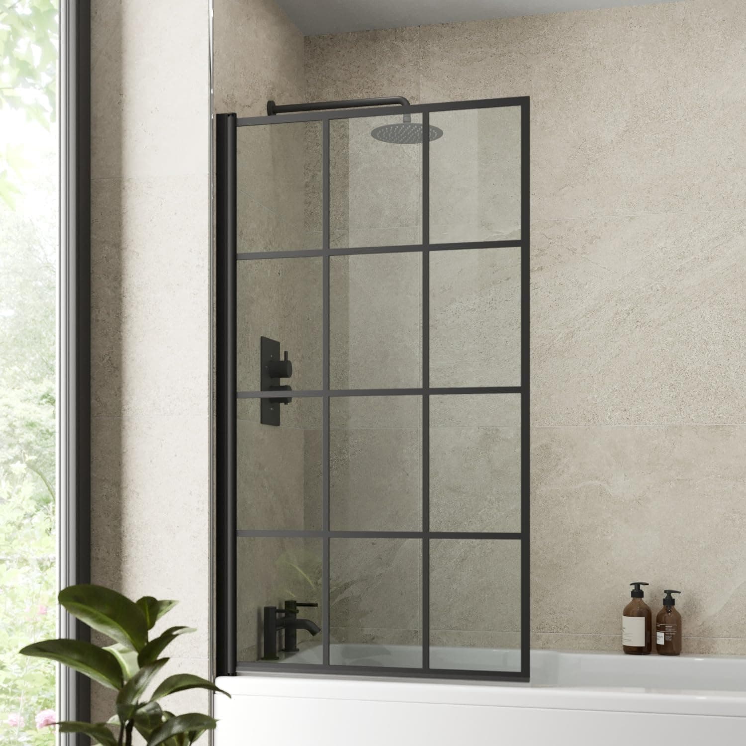 1400 x 800mm Black Square Grid Over Bath Shower Screen Door 180° Pivot Bathroom Hinged Framed Bath Screens 6mm Clear Toughened Safety Glass Panel