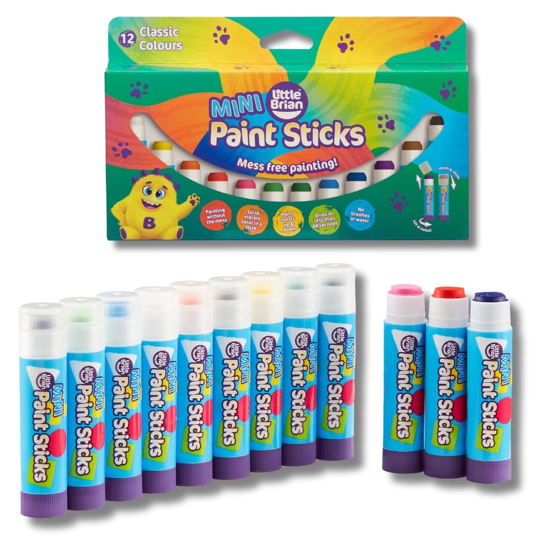 Little Brian Mini Paint Sticks For Kids - 12 Pack Assorted Colours - For Little Hands, Mess-Free, Easy Clean Up, Fast Drying Action, Vibrant Colours, Multi-Surface, Twist & Paint