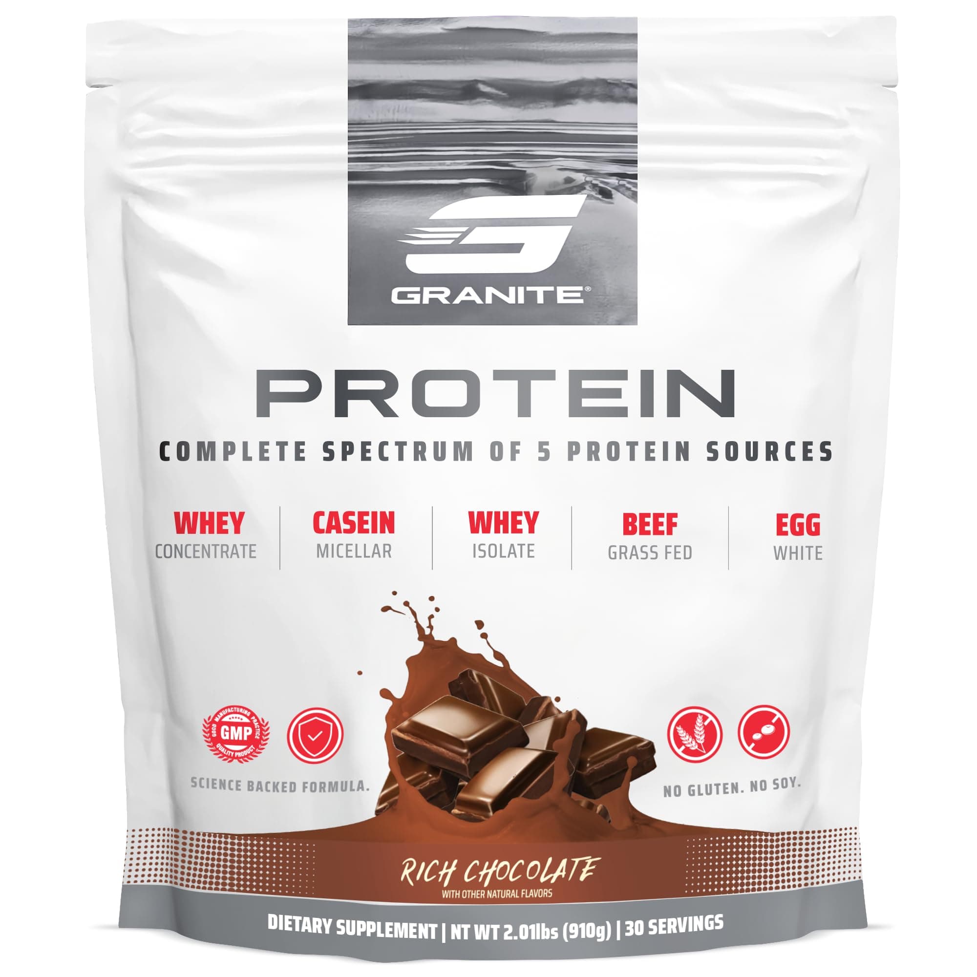 Granite Nutrition Protein Powder - Premium 5-Source Blend (Whey, Casein, Egg, Grass-Fed Beef) for Lean Muscle and Recovery - Rich Chocolate, 30 Servings