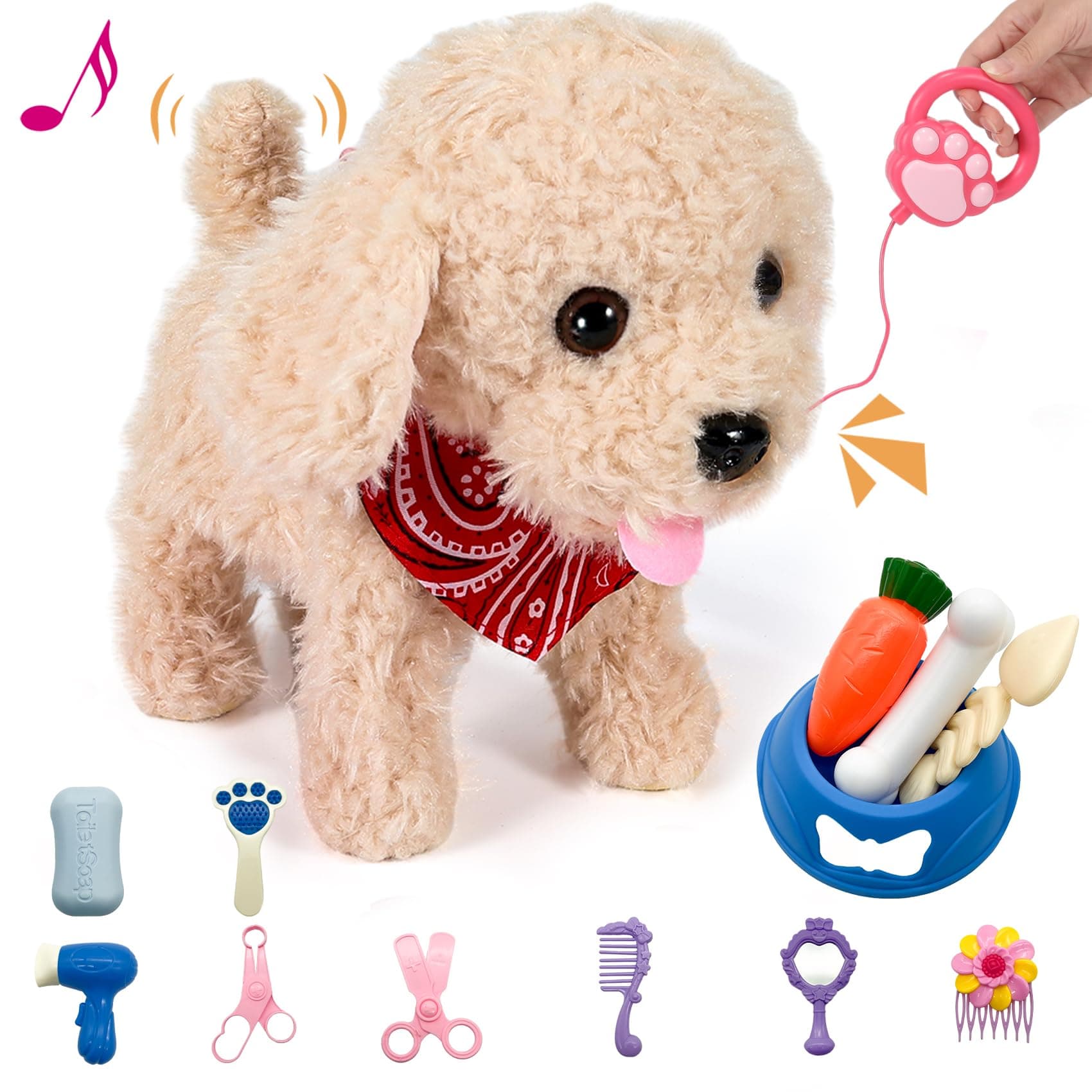 Interactive Walking Plush Puppy Toy Dog, Remote Control Electronic Robot Dog Realistic Wagging Tail, Rich Grooming Set, Gift Toy for Girls & Boys, Kids Age 3, 4, 5, 6 (Accessories Updated)