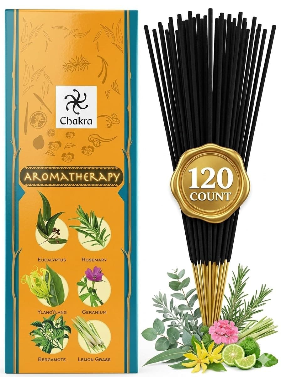 Chakra Aromatherapy Incense Gift Pack – 120 Natural Sticks (6 Boxes) – Relaxing, Stress Relief, Meditation, Refreshing, Sensuality & Energising Scents – Eucalyptus, Geranium & More