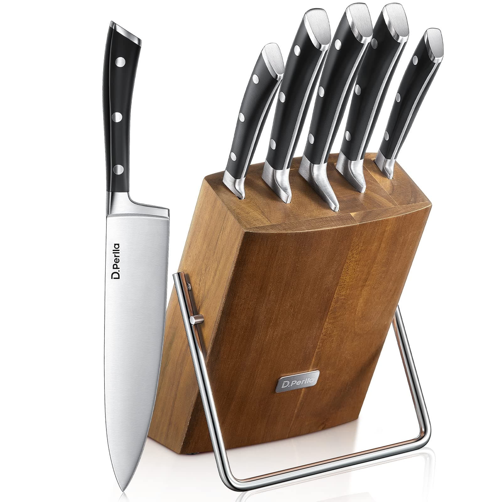 D.Perlla Knife Set, 6-Piece Kitchen Knife Sets, Knife Block Set with High Carbon German Stainless Steel, Sharp Knives Set with Stylish Acacia Wood Block