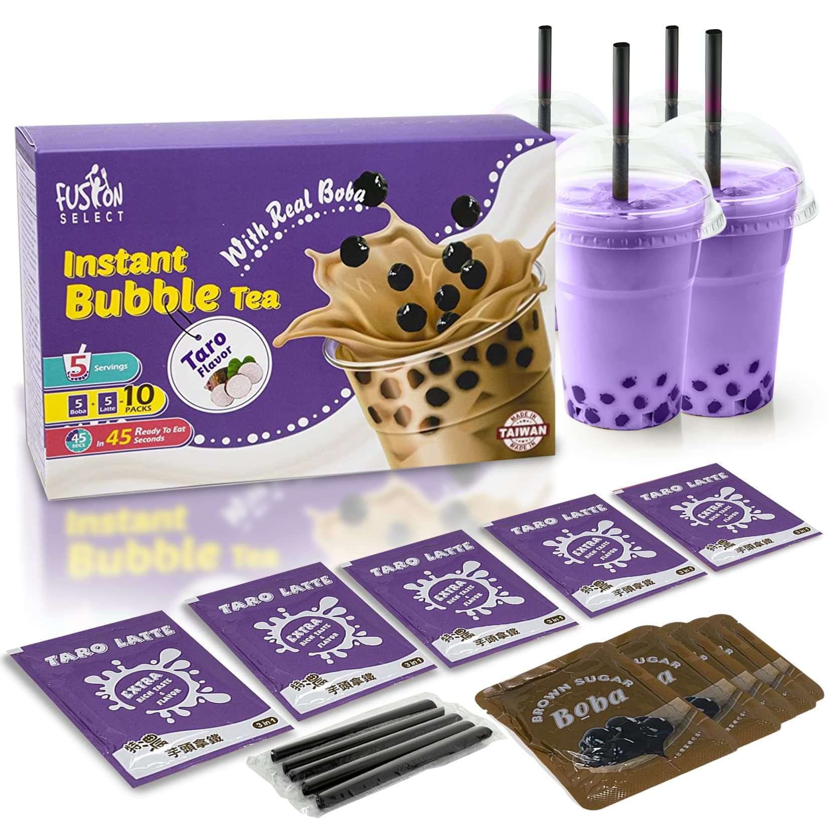 Fusion Select Authentic Taro Bubble Tea Kit Extra Rich (5 Packs) Bubble Tea Drink, Boba Tapioca Pearl, Straws, Popular Bubble Tea Flavors