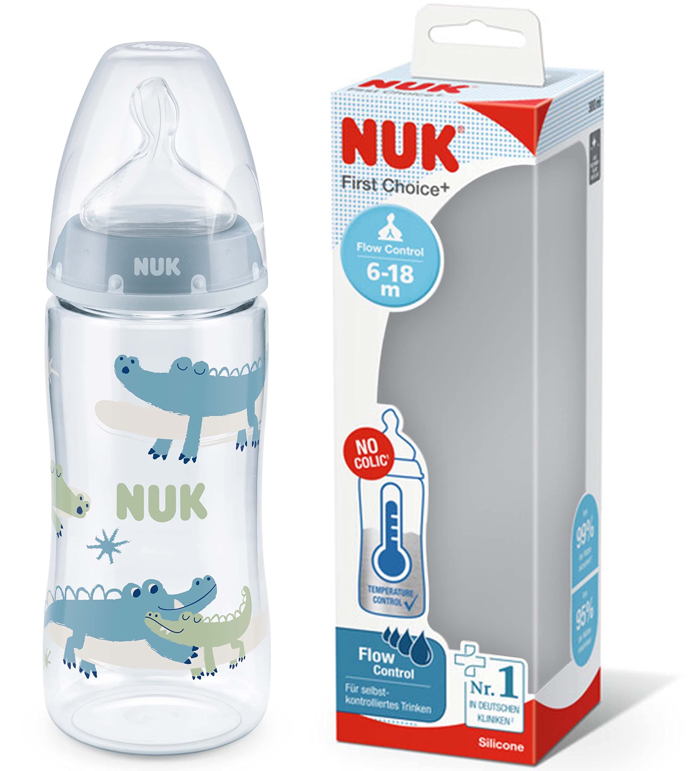NUK First Choice+ Baby Bottle - 6-18 Months - Temperature Control - Flow Control - Anti-Colic Aeration System - 360ml - BPA Free - Silicone Teat - Crocodile (Blue)