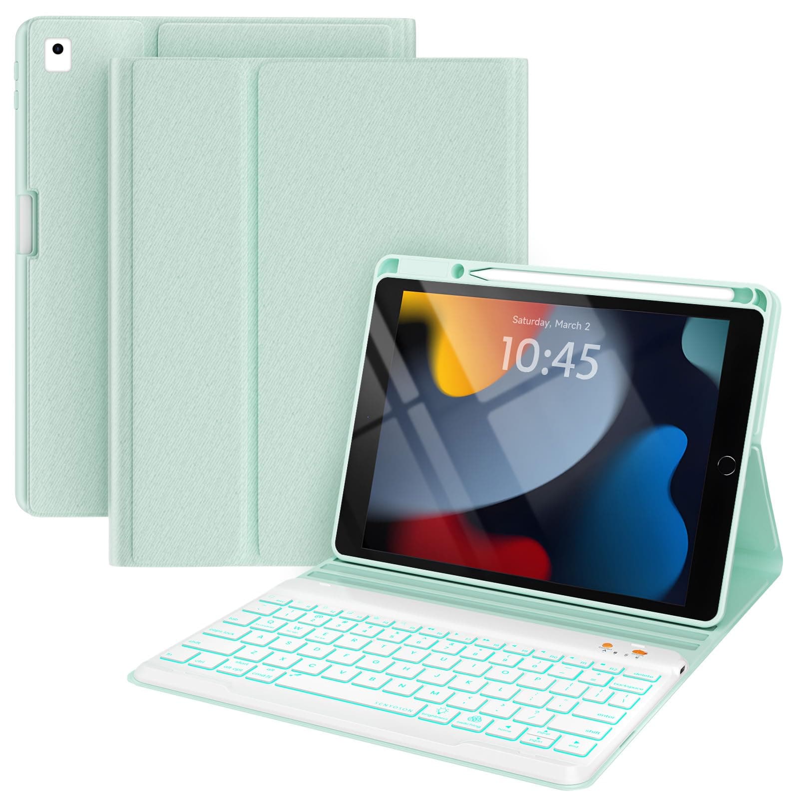 iPad 7th/8th/9th Generation Case with Keyboard 10.2-inch 2019/2020/2021, iPad Air 3rd/Pro 10.5-inch 2017 Compatible, 7 Color Backlit Keyboard BT/Wireless/Detachable with Pencil Holder (Mint Green)