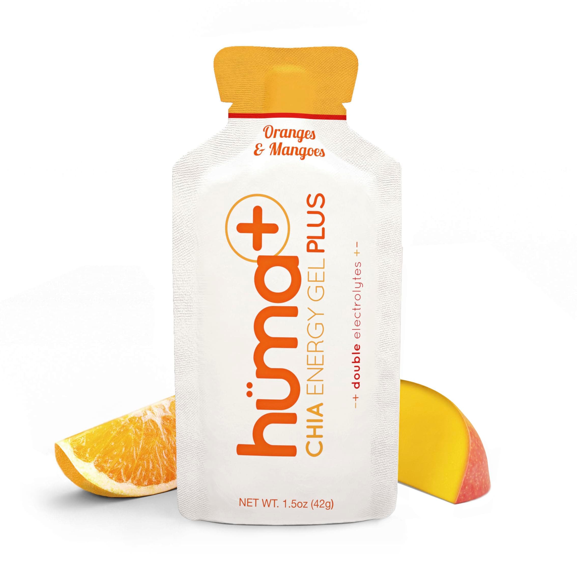 Huma Plus (Double Electrolytes) - Chia Energy Gel, Orange Mango, 12 Gels - Stomach Friendly, Real Food Energy Gels