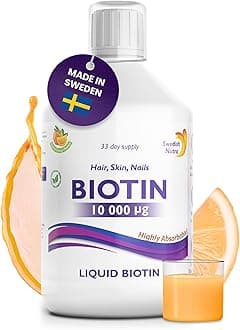 Swedish Nutra - Biotin 10,000 UG Liquid Supplement - Pack of 500 ml, 33 Day Supply | Plus Vitamin C for Healthy Hair, Skin & Nails | Vegan & Gluten Free | 100% Natural Orange Flavour