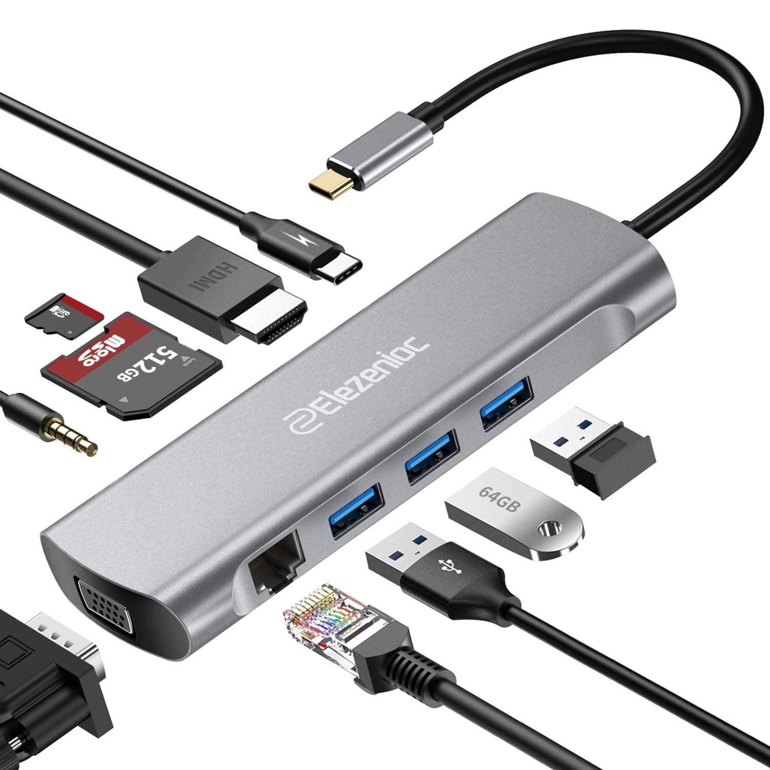 USB C Hub Adapter, 10-in-1 USB C Adapter with 4K USB C to HDMI, VGA, 3 USB 3.0, SD/TF Card Reader, 1Gbps Ethernet, 87W Power Delivery, Audio Jack for MacBook Pro 2019, iPad Pro 2019, Pixelbook