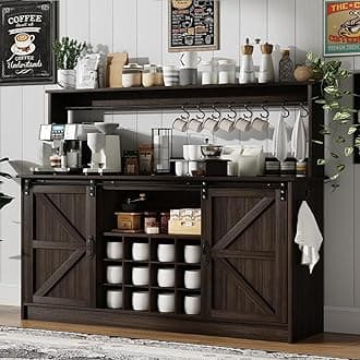 Farmhouse Coffee Bar Cabinet with 8 Hooks, 55” Kitchen Hutch Cabinet with Storage, Gray Coffee Bar with Sliding Barn Doors and 12 Racks for Living Dining Room, Dark Oak