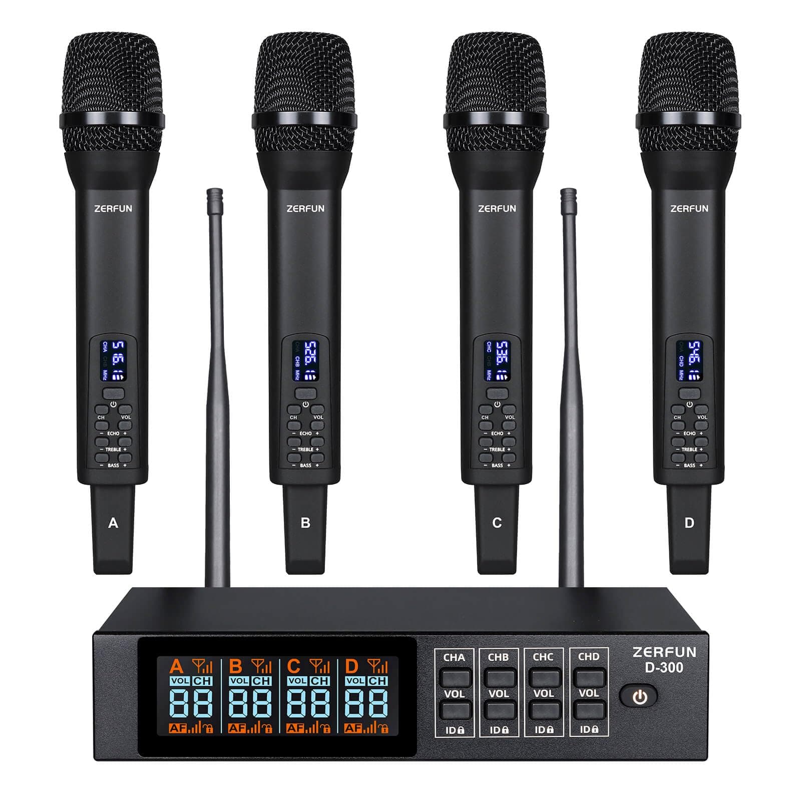 Rechargeable Wireless Microphone System 4 Channel Pro, UHF Handheld Cordless Mics with VOL Echo Treble BASS Control, LCD Display, Frequency Lock, XLR, 1/4, 1/8 Output, D-300, Black