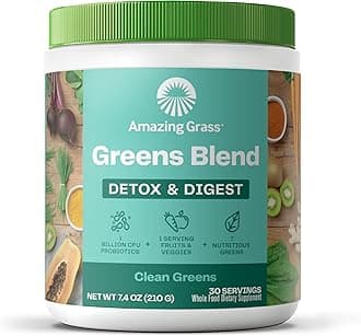 Amazing Grass Greens Blend Detox & Digest: Cleanse with Super Greens Powder, Beet Root Powder, Digestive Enzymes, Prebiotics & Probiotics, Clean Green, 30 Servings (Packaging May Vary)