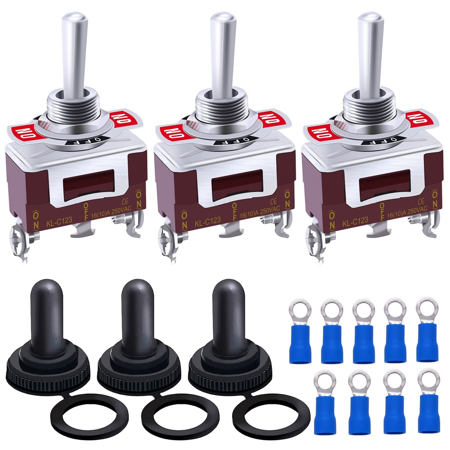 Twidec/3Pcs Heavy Duty Waterproof Momentary Toggle Switch 12V DC 20A SPDT 3 Position 3 Pin (ON)-Off-(ON) Switch with Weatherproof Boot Cap Cover for Car Boat and Terminal KL-C123-HMZ