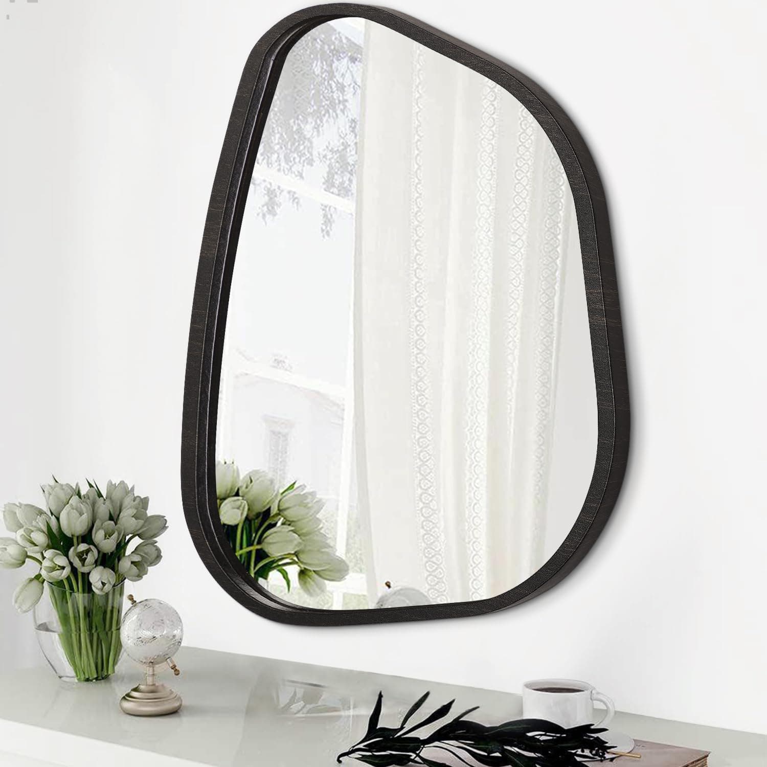 Asymmetrical Mirror for Wall Irregular Oval Wood Frame Modern Unique Wall Mirror Decorative Vanity Bathroom Living Room Bedroom Entryway Hallway Artistic Wavy Mirror Small 14"x10"