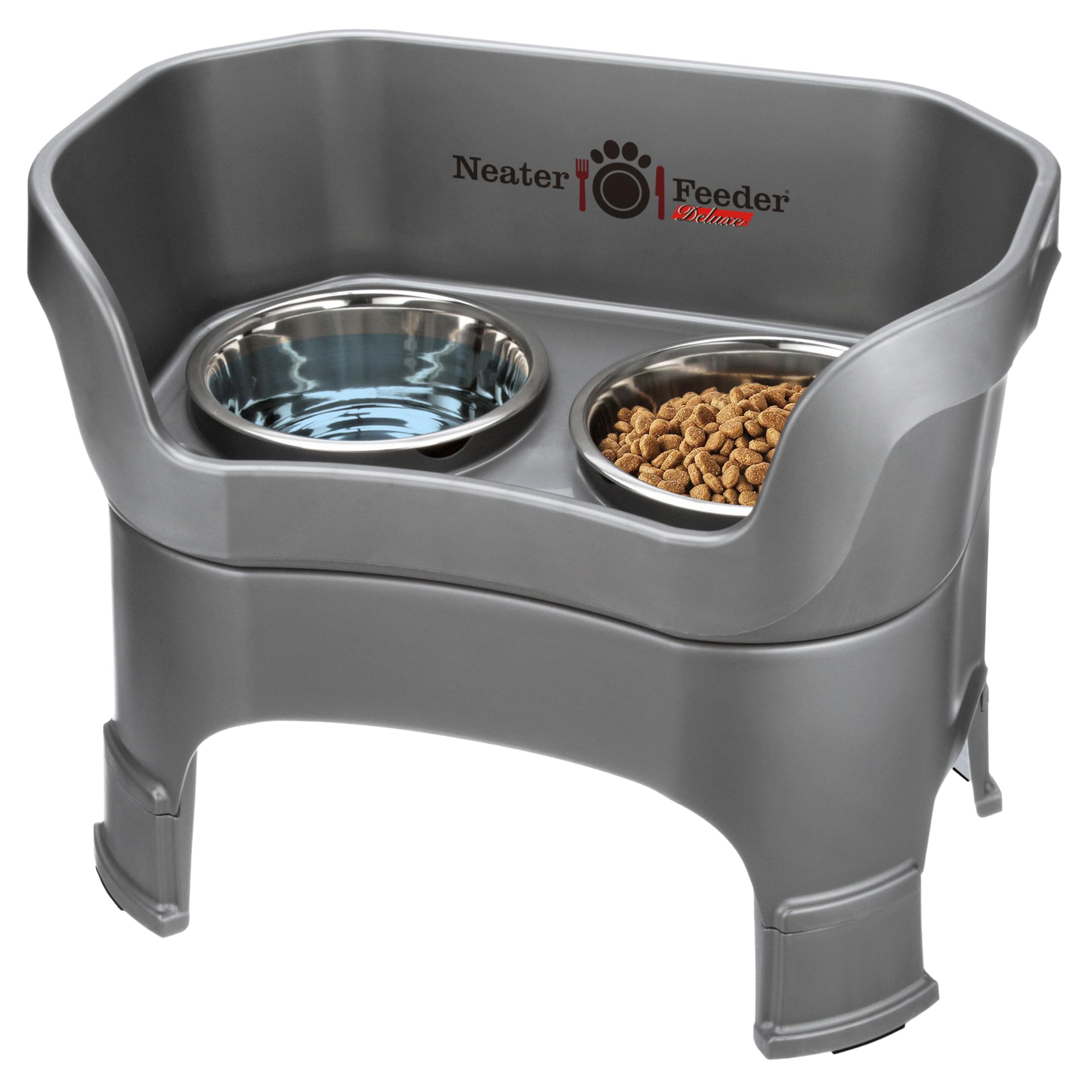 Neater Pet Brands Feeder - Deluxe Model Adjustable Height - Mess-Proof Dog Bowls (Large, Gunmetal Grey) - Made in USA - Elevated, No Spill, Non-Tip, Non-Slip, Raised Stainless Steel Food & Water Bowls