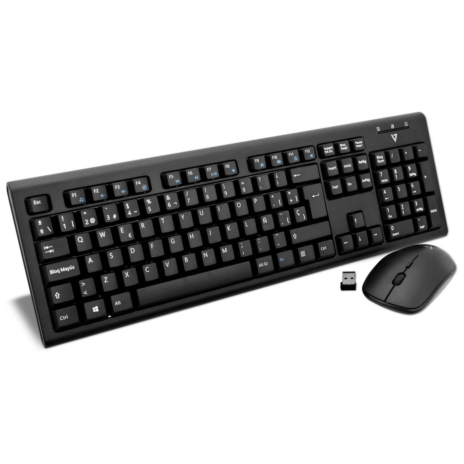 V7 CKW200ES Wireless Keyboard and Mouse Combo Spanish Layout (ES, Media-Hot-Keys, USB Nano Receiver), Black