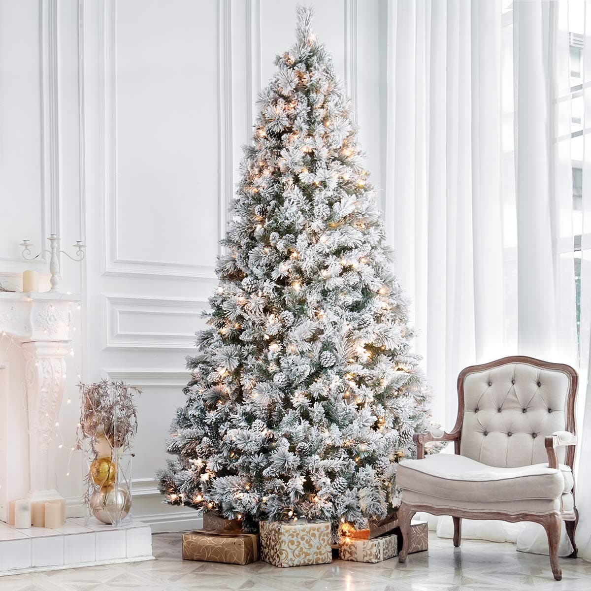 ANOTHERME 6ft Christmas Tree Snow Flocked, Pre-Lit Tree Feel Real, 300 Warm Lights, 800 Branch Tips, Pinecones Hinged Artificial Trees for Home, Party Christmas Decoration