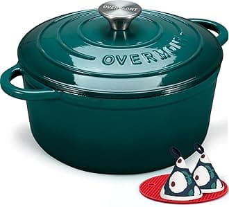 Overmont 24cm/4.2L Enamelled Cast Iron Round Casserole Pot With Lid Cookbook & Cotton Potholders - Non-stick Dutch Oven Cookware for Braising, Stews, Roasting, Bread Baking - Bottle green, 4.5QT